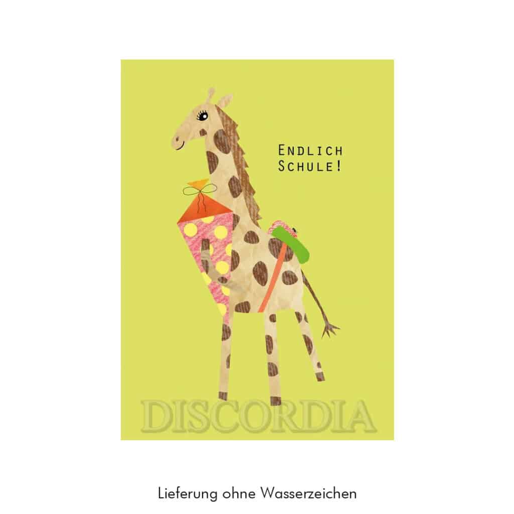Grusskarte-Glueckwunschkarte-zur-Einschulung-aus-Holzschliffpappe-Giraffe-mit-Schultuete