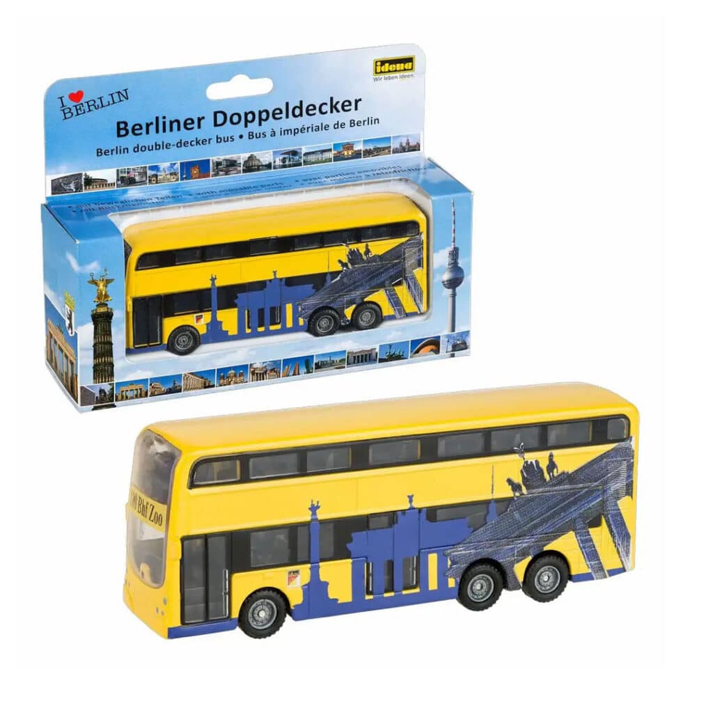 Spielzeugauto-Berliner-Doppeldecker-Bus-gelb-mit-Rueckzugsmotor