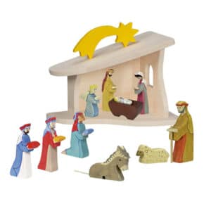 Holztiger-Weihnachtskrippe-10-Krippenfiguren-und-Tiere-im-Stall-mit-Weihnachtsstern